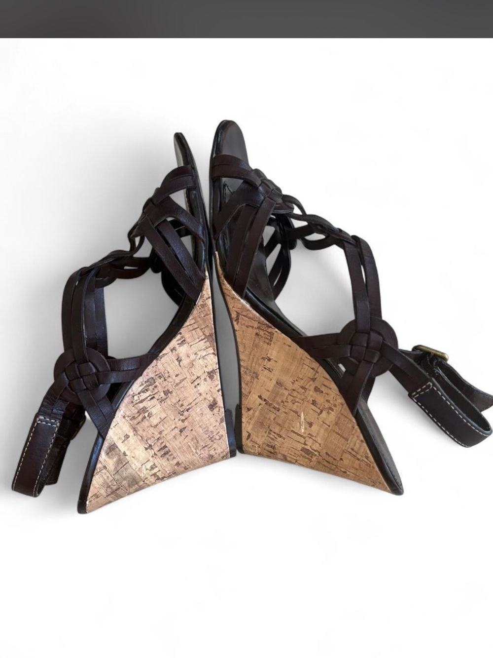 Ralph Lauren Dark Brown Woven Leather Cork Wedge Sandals